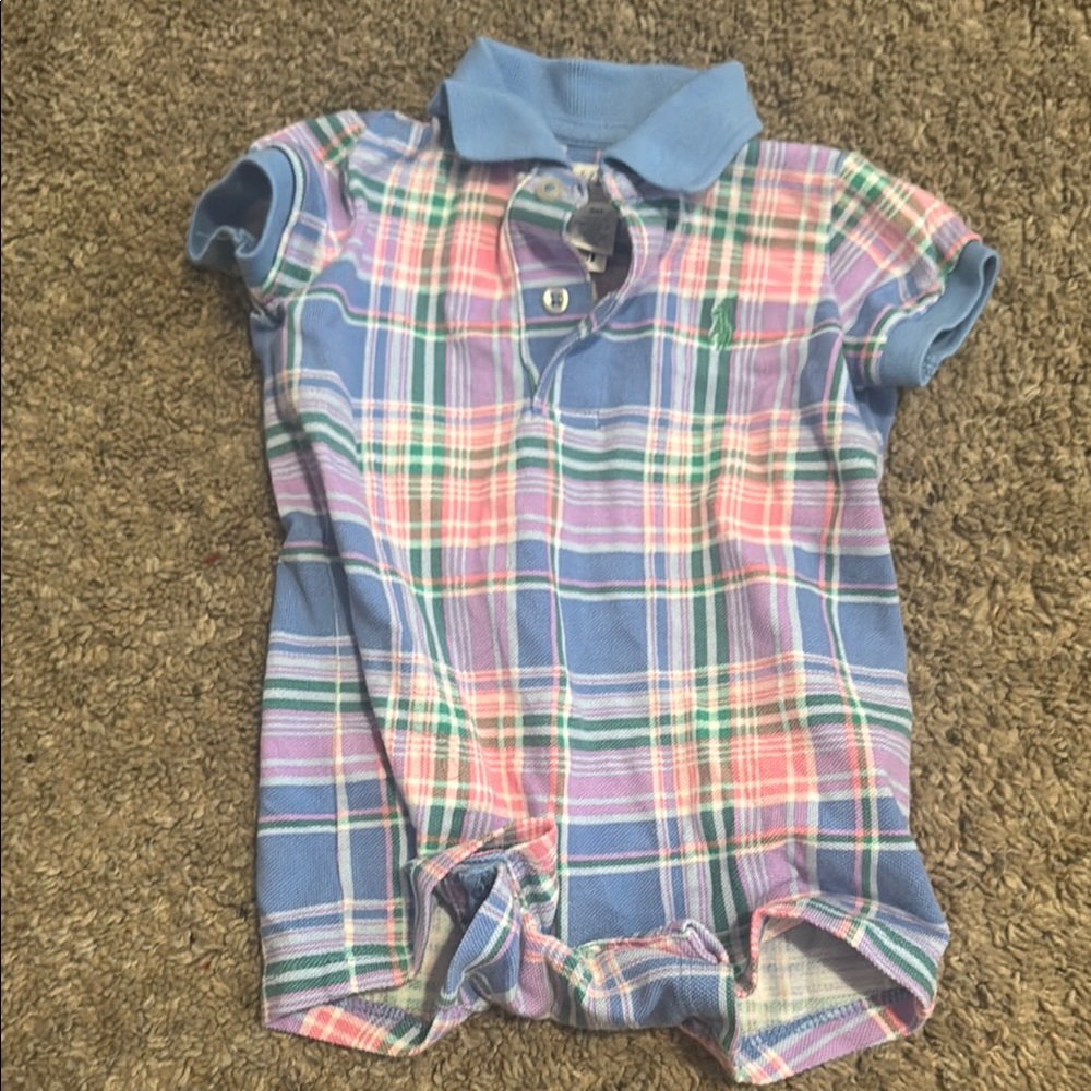 Polo Ralph Lauren Plaid Baby Romper with Collar